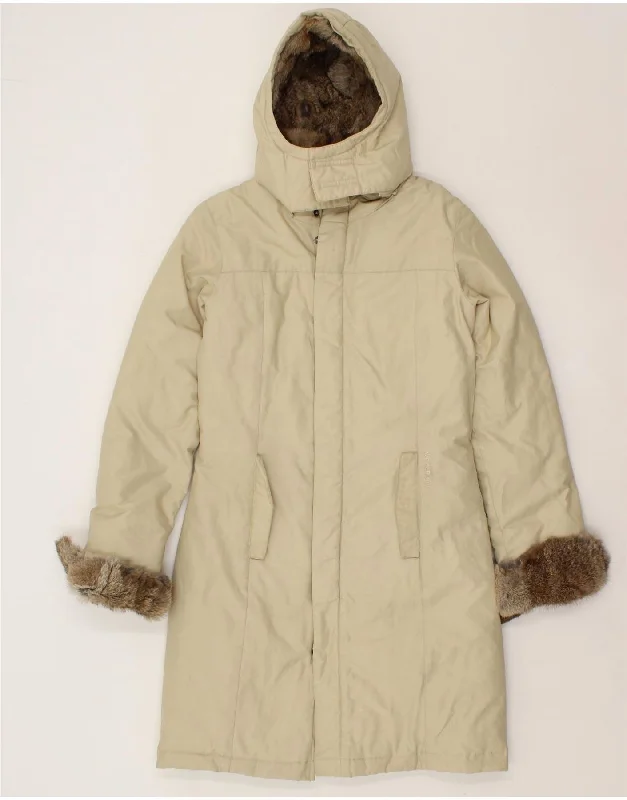 WOOLRICH Womens Hooded Padded Coat UK 6 XS Beige Cotton Zip Front Button Front Snap Front