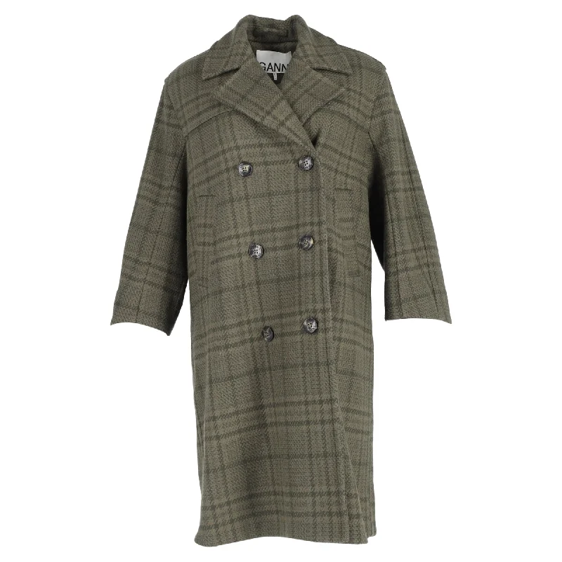 Ganni Double-Breasted Checked Coat in Green Wool Trapeze Tunic Caftan