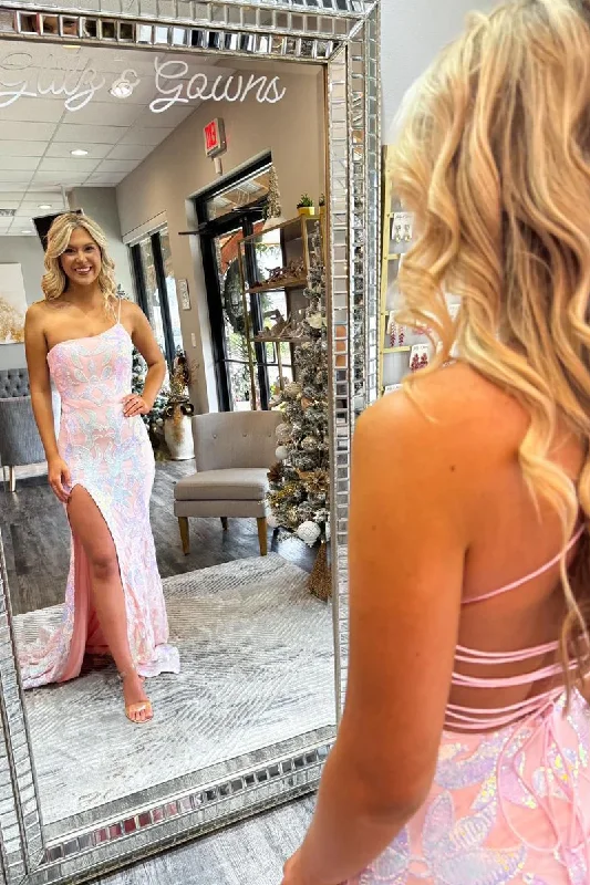Pink One Shoulder Sequin Mermaid Long Lace Prom Dresses