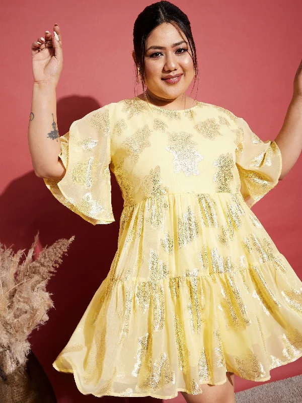 Lyush Women Yellow Jacquard Tiered Dress