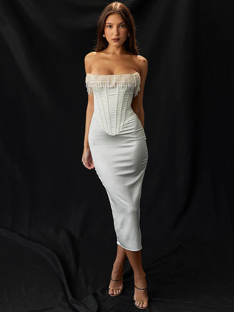 FashionSierra - Pearl Tassel Fashion Off-shoulder Backless Bodycon Club Lace Dress