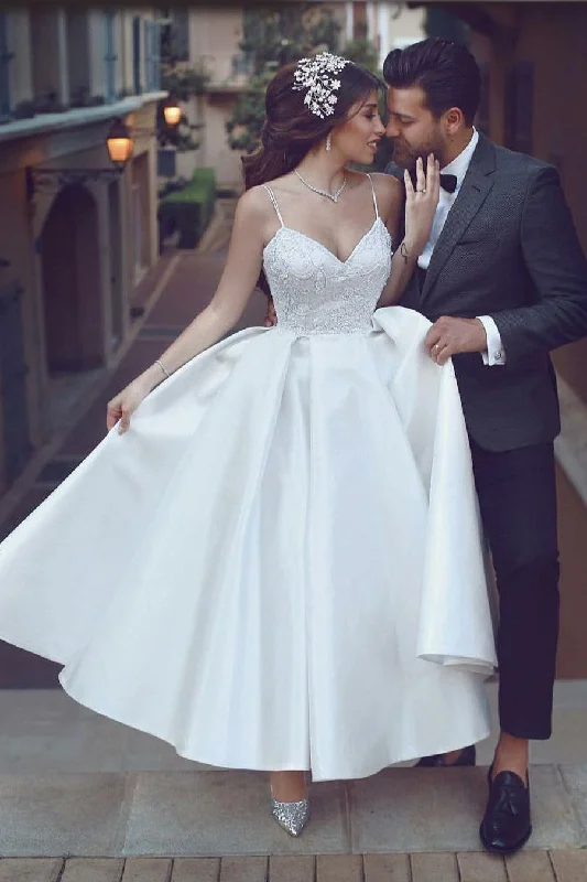 Satin Short White Bridal Dresses with Beaded Lace Bodice