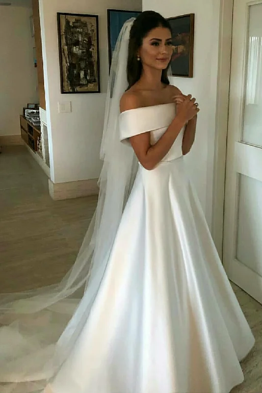 Simple Satin Bridal Dress with Fold Off-the-shoulder