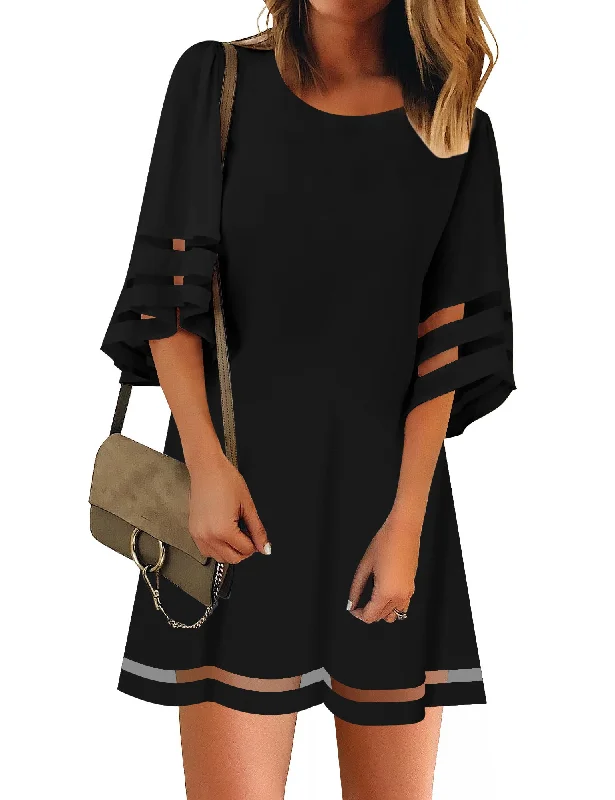 Black Women Casual Crewneck Mesh Panel 3/4 Bell Sleeve Loose Tunic Dress