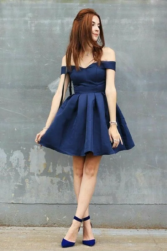 Satin Navy Blue Homecoming Dresses Short Off-the-shoulder