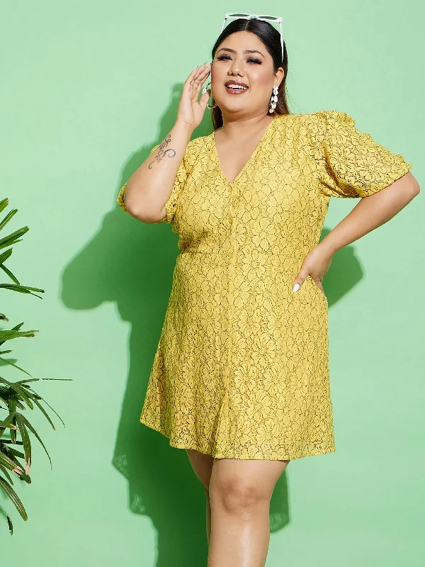 Lyush Women Yellow Lace Front Button Dress