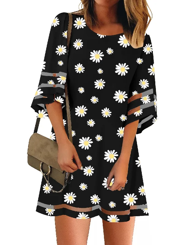Dasiy Print Black Women Casual Crewneck Mesh Panel 3/4 Bell Sleeve Loose Tunic Dress