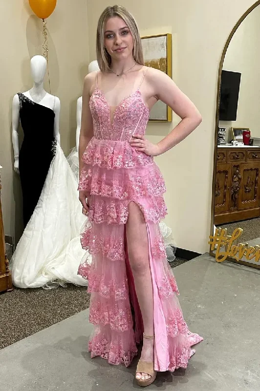Pink Glitter Appliques Lace-Up Ruffle Tiered Long Dresses with Slit