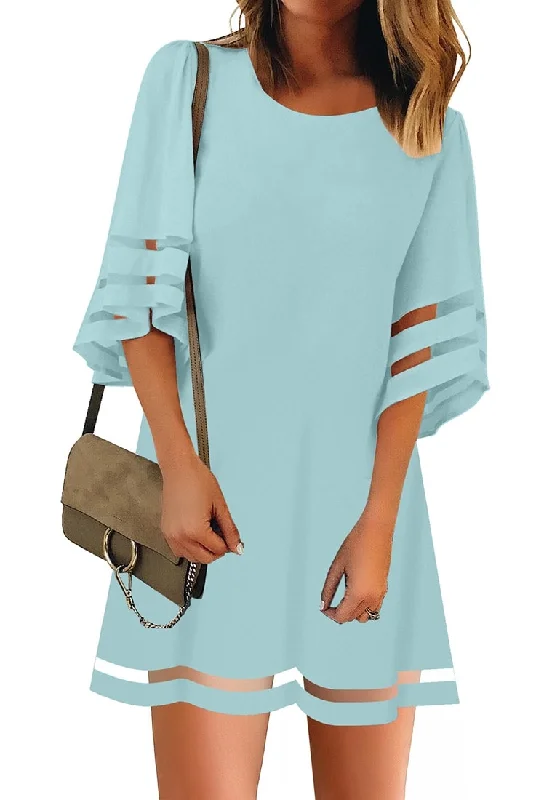 Air Blue Women Casual Crewneck Mesh Panel 3/4 Bell Sleeve Loose Tunic Dress