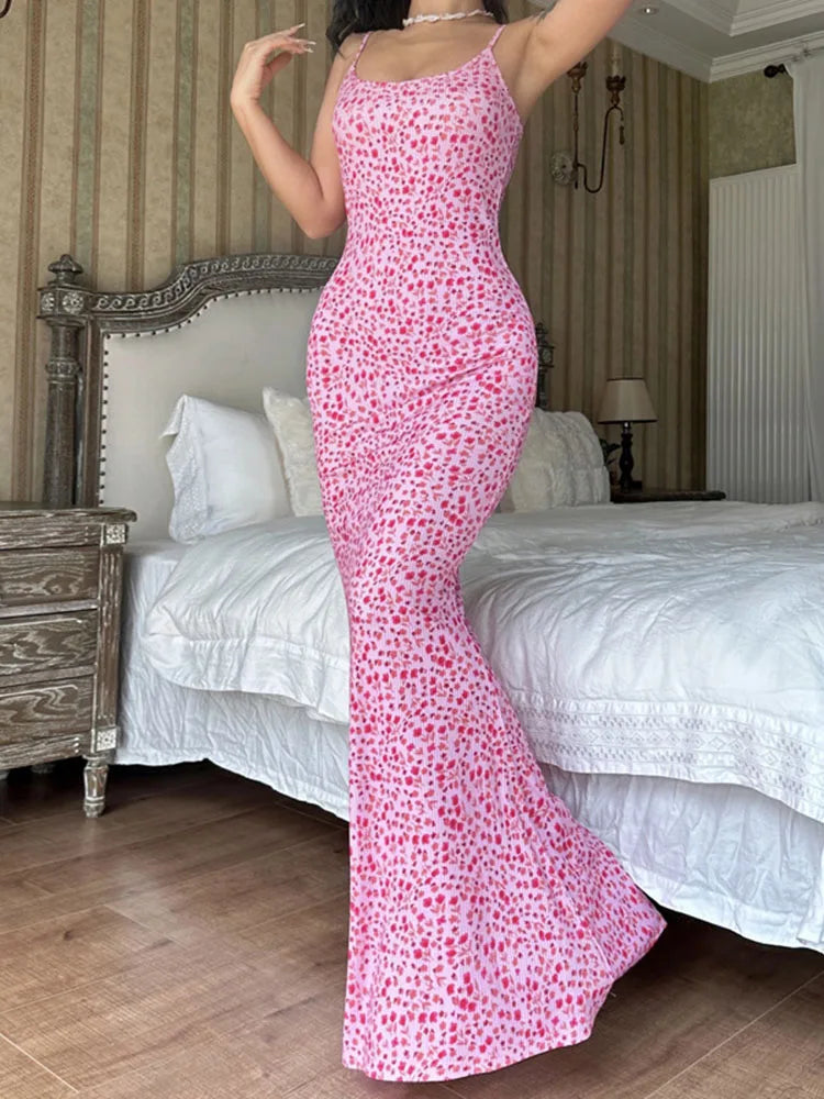 Printed Halter Dresses For Women Backless Summer Slim Bandage High Waist Spaghetti Maxi Party Casual Dress