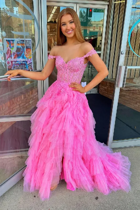 Off-the-Shoulder Pink Ruffle Tulle Long Prom Dresses