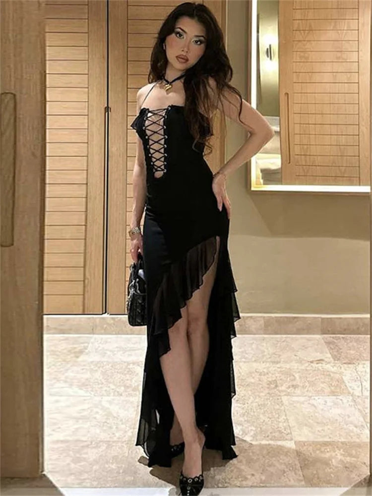 FashionSierra - Bandage Ruffled For Women Side Split Spaghetti Slim Elegant Lace-Up Long New Casual Dress
