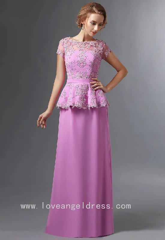 Sheer Neck Lace Short Sleeves Mother Evening Dress with Peplum