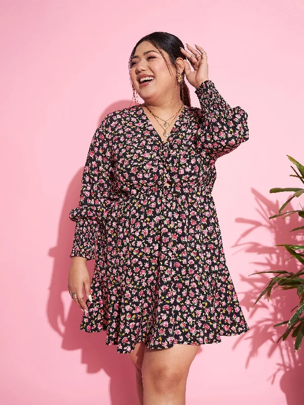 Lyush Women Black Floral Smocked Sleeves Cut-out Skater Dress