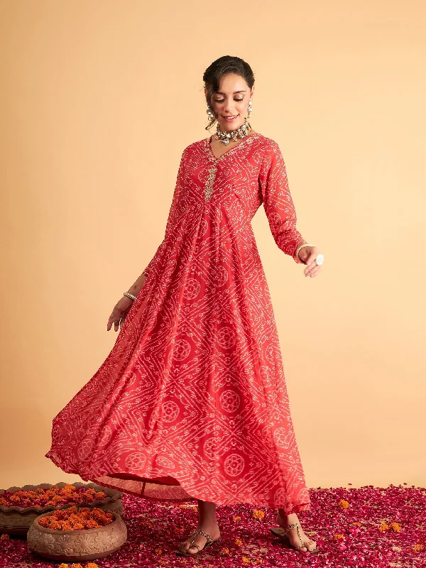 Lyush Women Red & White Bandhej Anarkali Dress