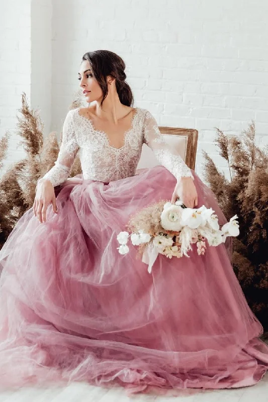 See-through Long Sleeves Bride Dress Wedding Tulle Skirt