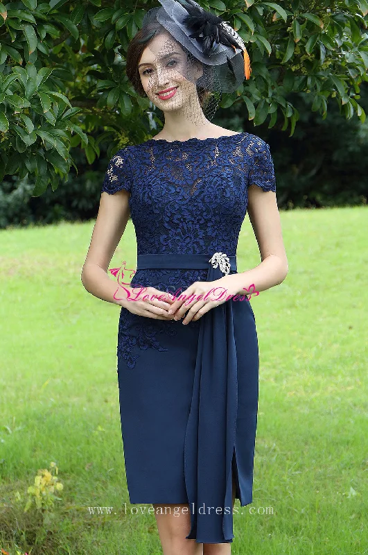 Sheer Lace Bateau Neck Chiffon Navy Blue Short Bride Mother Dress with Sleeves
