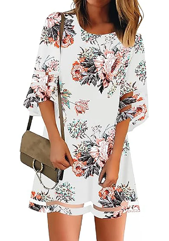 Floral Pirnt Brilliant White Women Casual Crewneck Mesh Panel 3/4 Bell Sleeve Loose Tunic Dress