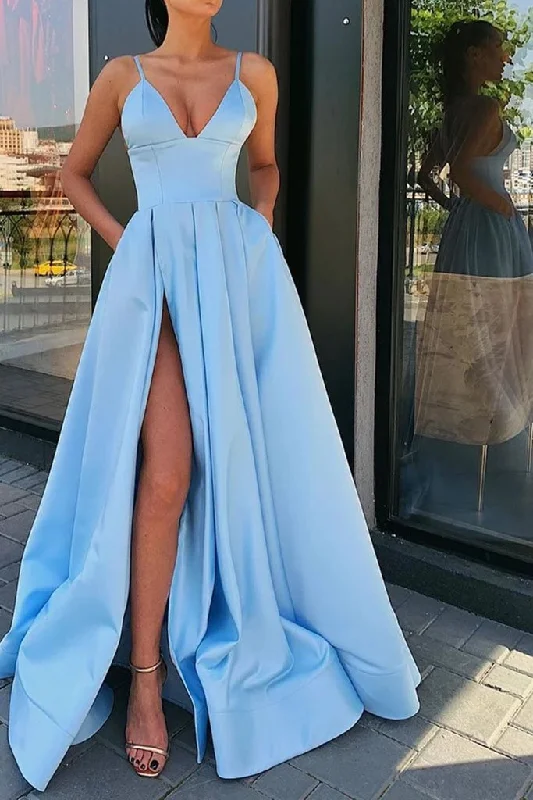 A Line Blue Satin Long Prom Dresses, V Neck High Slit Formal Evening Dresses with Pockets STK14992
