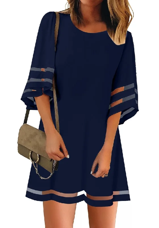 Dark Sapphire Women Casual Crewneck Mesh Panel 3/4 Bell Sleeve Loose Tunic Dress
