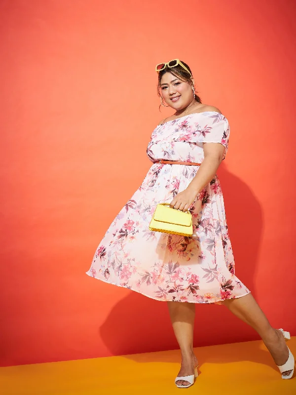 Lyush Women Pink Floral Off Shoulder Belted Dress