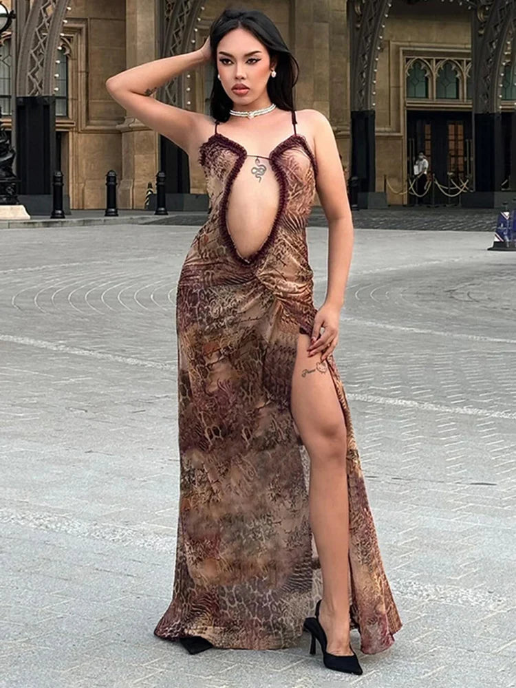 FashionSierra - Women Printed Navel-Baring Side Split Lady Strap Casual Dress