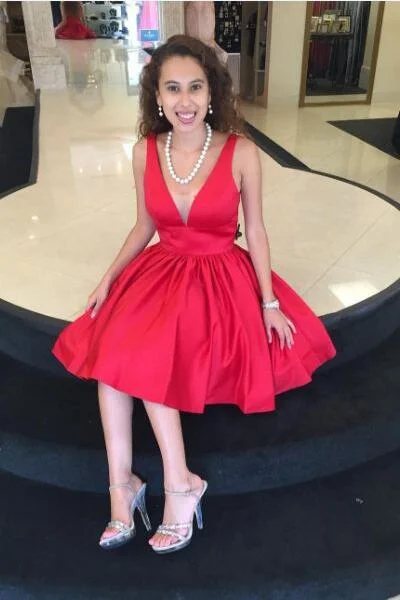 Satin A-line Red Homecoming Dresses with Illusion-inset V-neckline