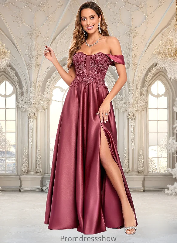 Haleigh A-line Off the Shoulder Floor-Length Satin Lace Prom Dresses With Sequins STKP0025841