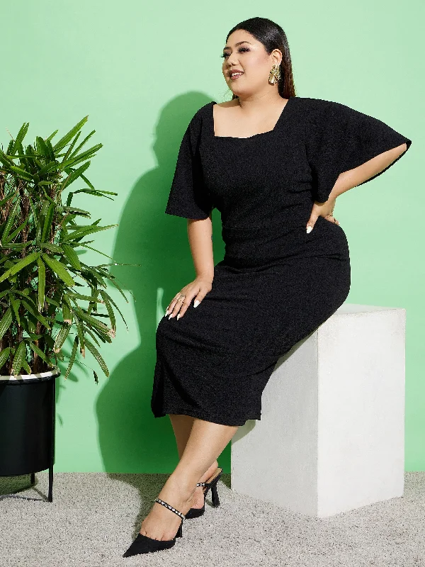 Lyush Women Black Butterfly Sleeve Bodycon Ankle Dress