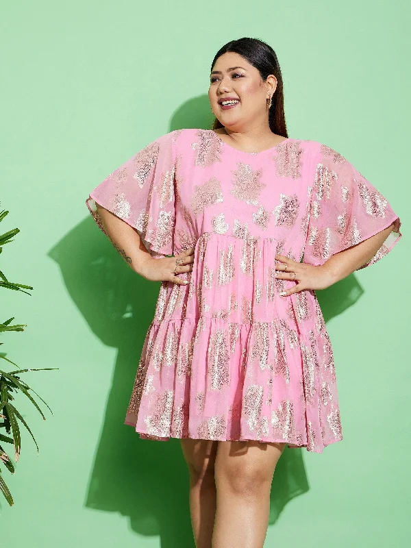 Lyush Women Pink Jacquard Tiered Dress