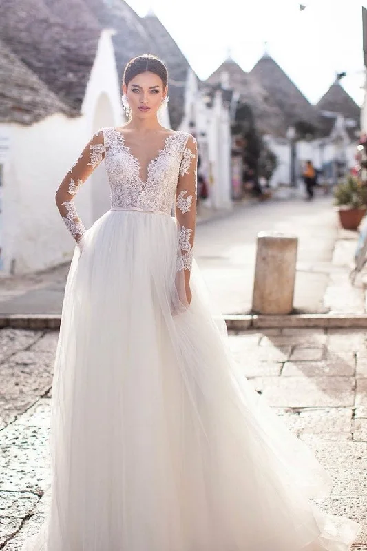 Sheer Long Sleeves Bridal Dress Wedding Tulle Skirt