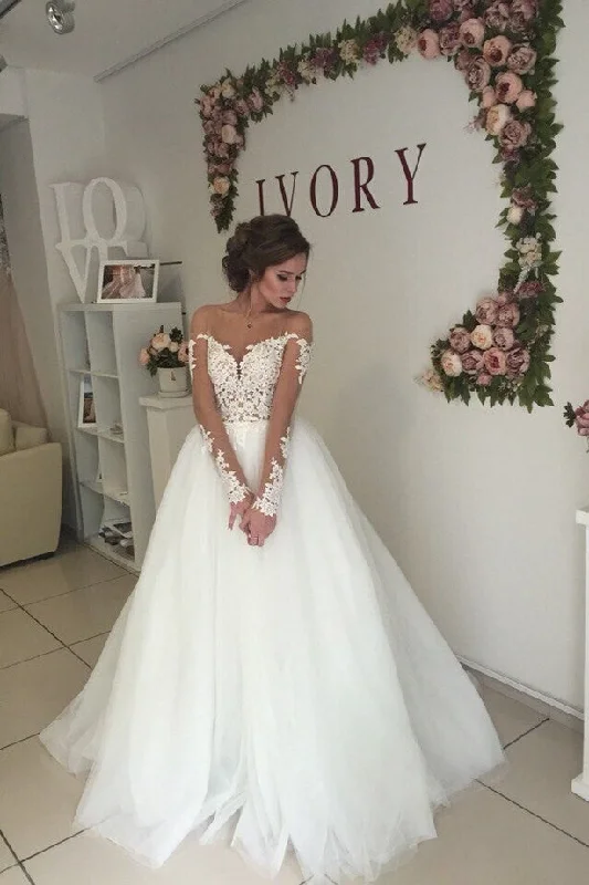 See-through Sleeves Bridal Dress for Marriage Tulle Skirt