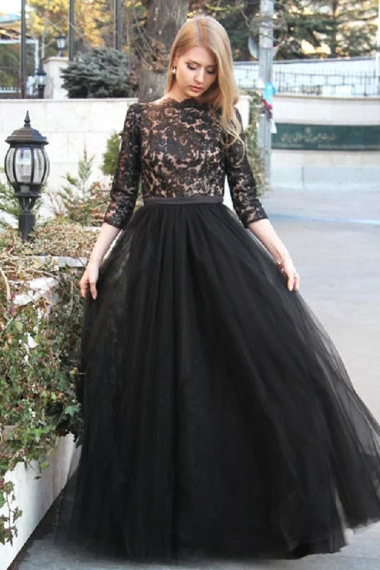 Sheer Lace Tulle Black Prom Dresses with 3/4 Sleeves
