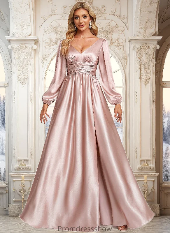 Monique A-line V-Neck Floor-Length Stretch Satin Prom Dresses STKP0025880