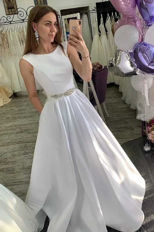 Satin Sleeveless White Dress for Wedding Rhinestones Belt