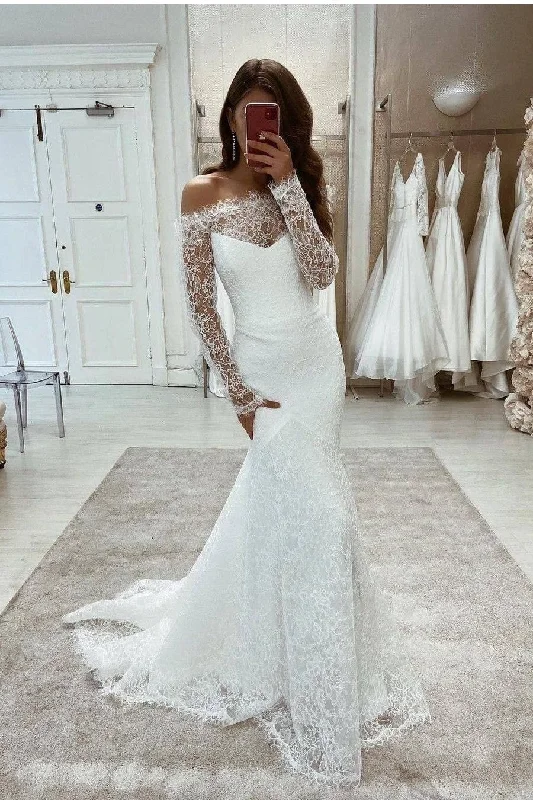 Sheer Lace Off-the-shoulder Bridal Dresses Long Sleeves