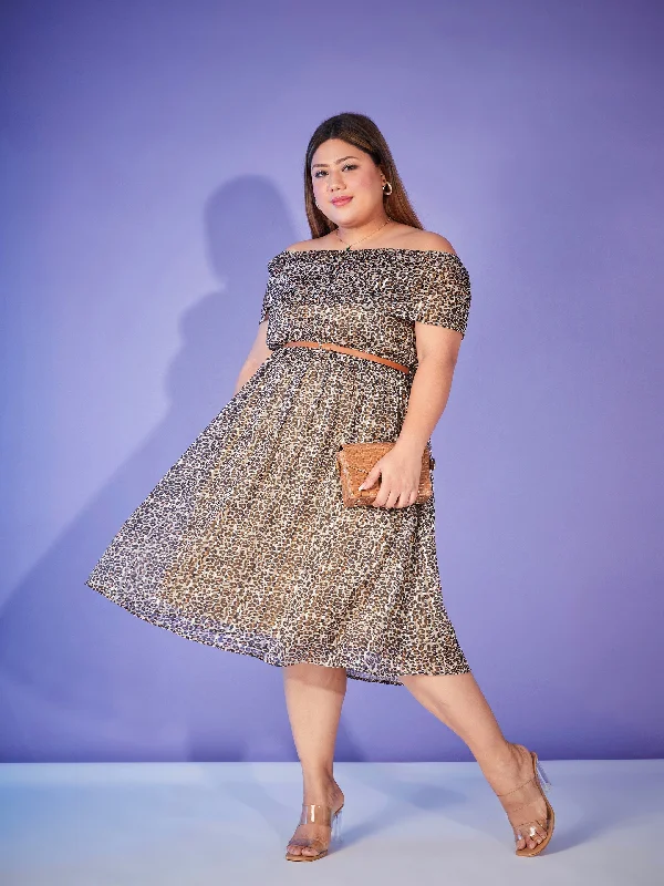 Lyush Women Beige Animal Print Off Shoulder Belted Dress