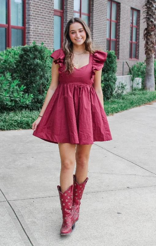 The Game Day Ruffle Dress (Garnet)