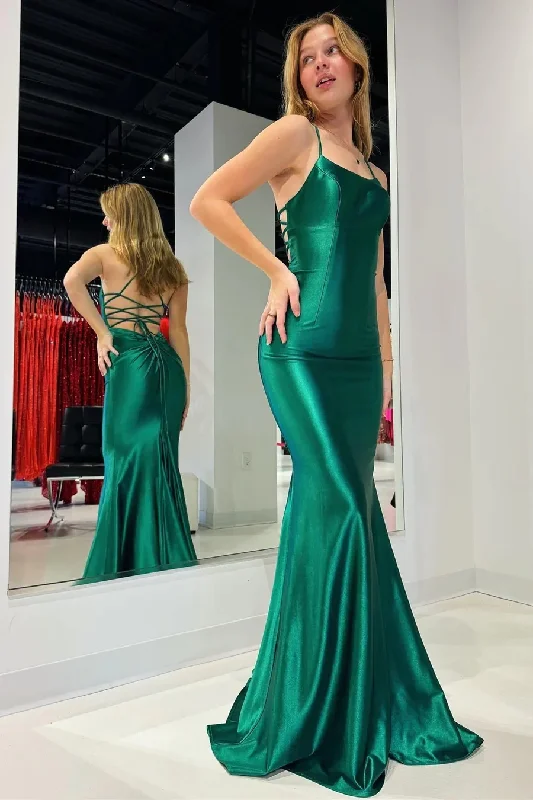 Emerald Scoop Neck Lace-Up Mermaid Long Prom dresses