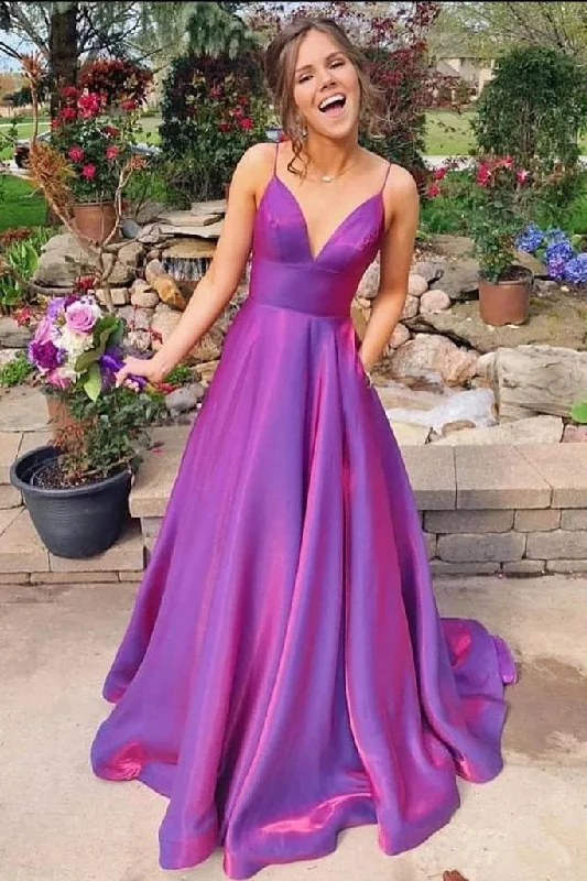 A Line Grape Spaghetti Straps Satin V Neck Long Prom Dresses Backless Evening Dresses STK15488