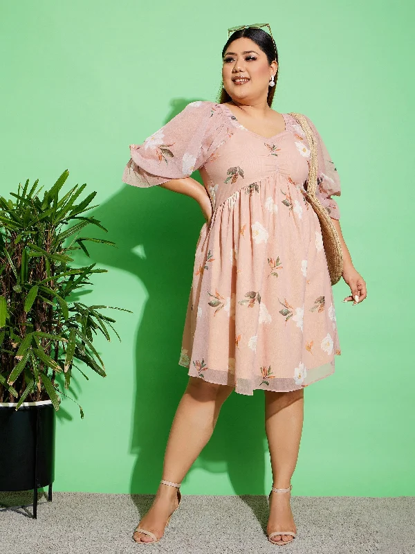 Lyush Women Beige Floral Chiffon Back Detail Skater Dress