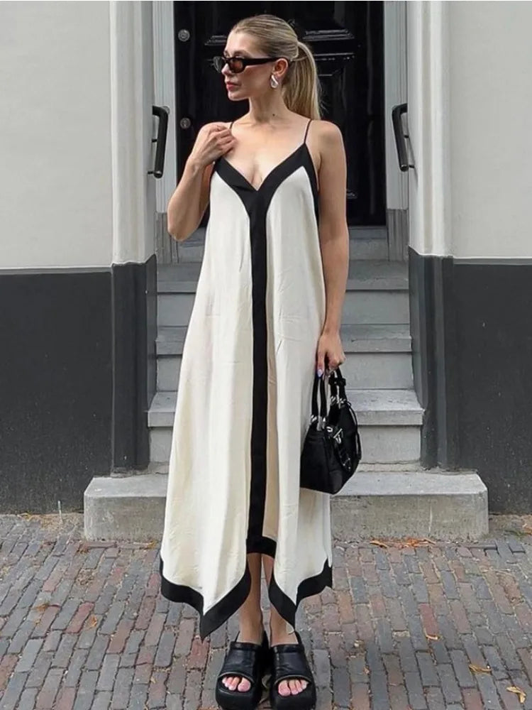 Patchwork Backless Halter Women Sexy V-Neck Elegant Summer 2024 Gown Ladies Slim Casual Dress