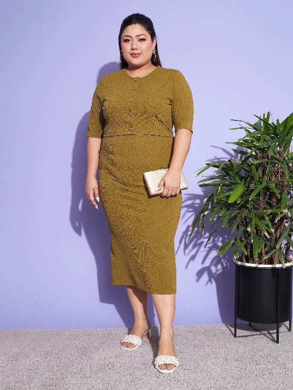 Lyush Women Olive Solid Strappy Dress With Shrug
