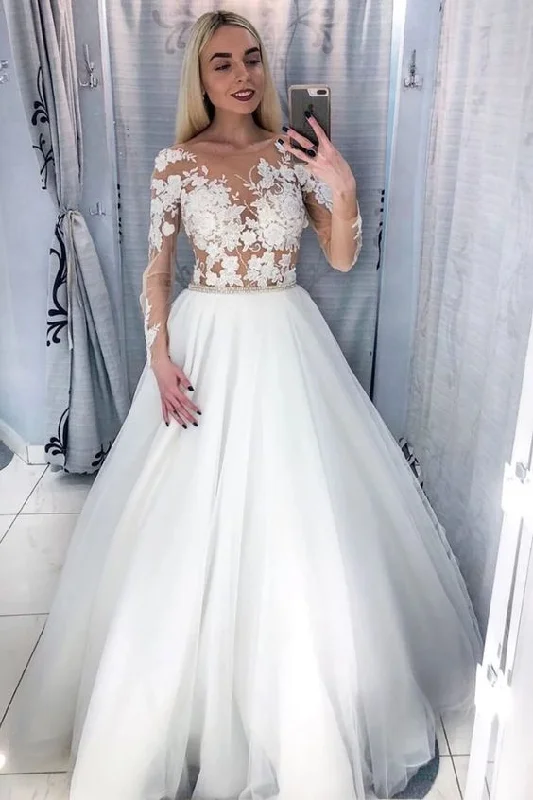 Semi-Illusion Floral Lace Bridal Dresses with Tulle Skirt