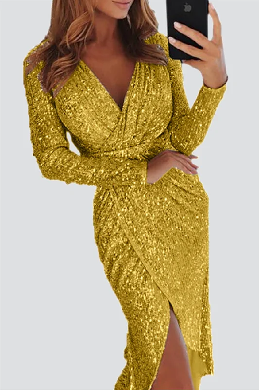 Elegant Solid Split Joint Sequined V Neck Evening Dress Dresses Tunics Timeless classic