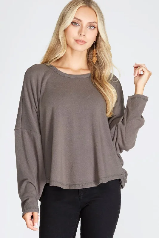 ASH GREY BATWING LONG SLEEVES BACK NECK STRAP DETAIL KNIT TOP S8SS7759 Lavender Knit Shirt