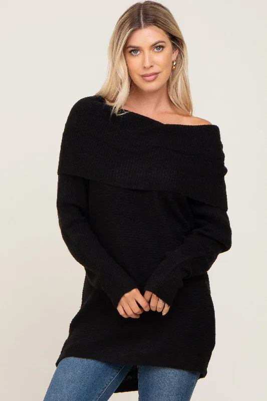 Black Off Shoulder Dolman Sleeve Knit Top Long Sleeve Knit Tee