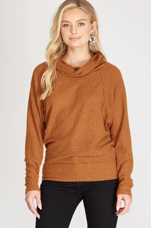 CARAMEL COWL NECK BRUSHED THERMAL KNIT TOP S8SS6886 Modern Knit Blouse