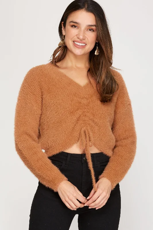 CINNAMON V-NECK FRONT DRAWSTRING DETAIL FUZZY KNIT TOP S5SS6808 Chic Knit Top