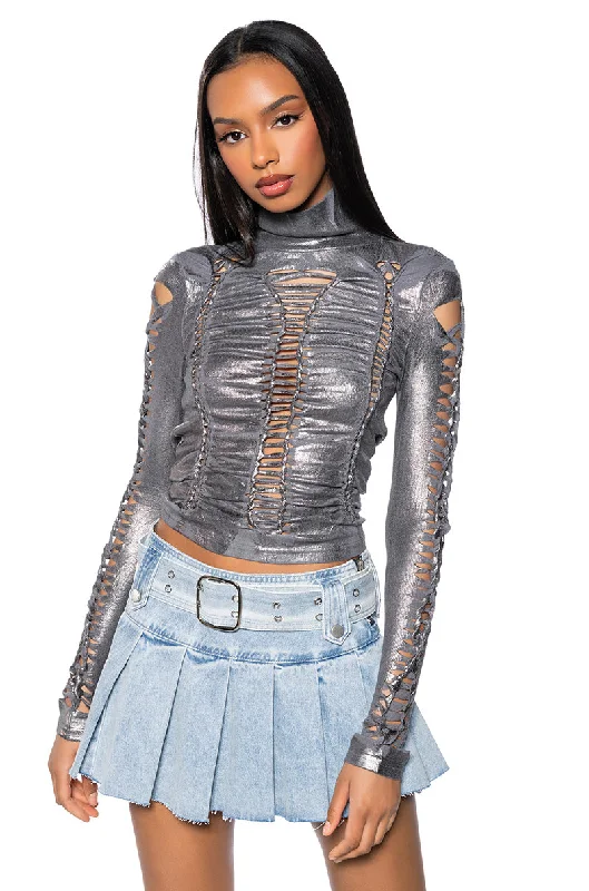 DISTRESSED METALLIC SHEEN TURTLENECK KNIT TOP Exclusive Knit Top